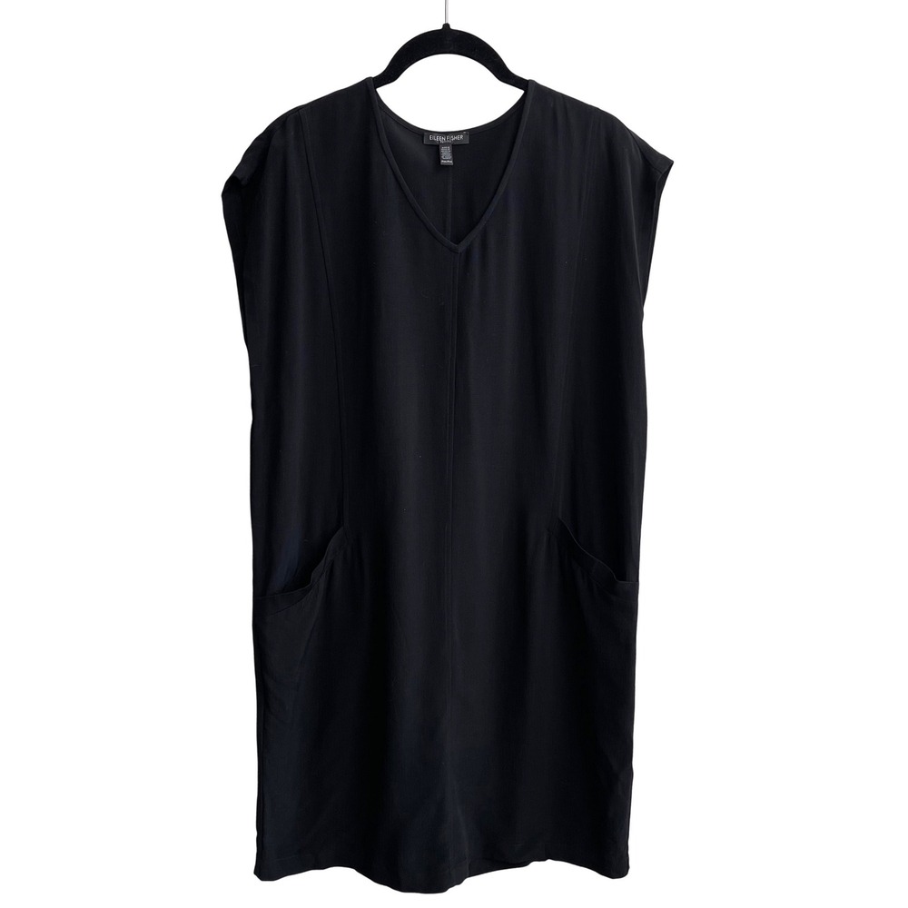 Eileen Fisher Petite Black Tencel Viscose V-Neck Pockets Shift Dress Petite Med